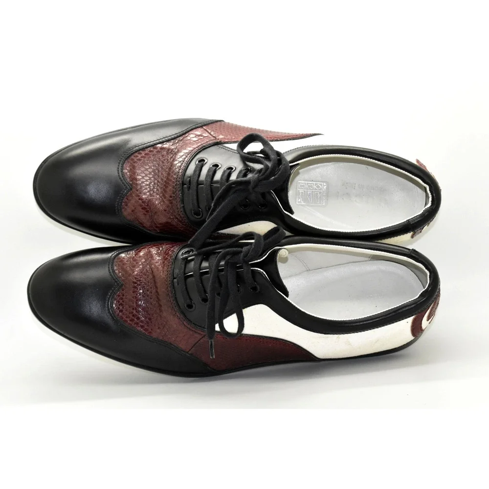 D5 Auth GUCCI Black Burgundy White Snakeskin & Canvas Double G Oxfords Size 11 D